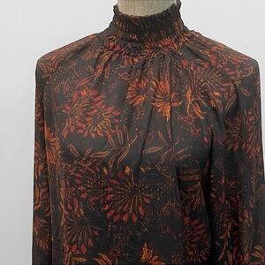 H&M Black & Orange Floral Long Sleeve Blouse Women’s Size 6 Boho Fall Top